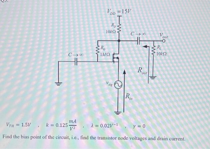 VTH=1.5 V,k=0.125V2mA,λ=0.02 V−1,γ=0 Find the bias | Chegg.com