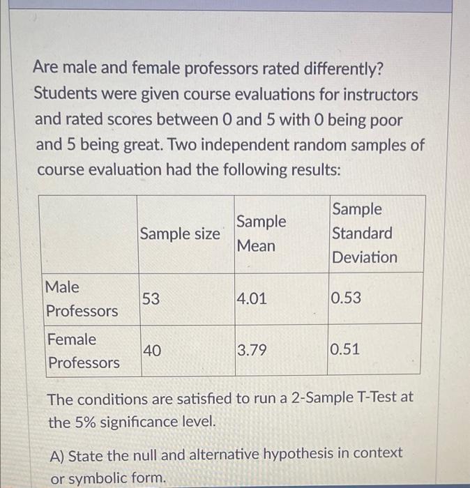 Solved Are male and female professors rated differently? | Chegg.com