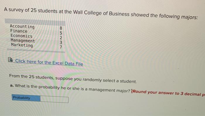 Solved A survey of 25 students at the Wall College of | Chegg.com