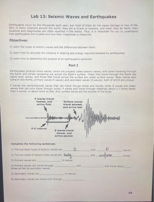 Solved Lab 13: Seismic Waves And Earthquakes Earthquakes | Chegg.com