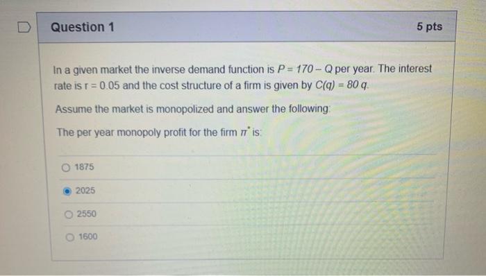 Solved Question 4 5 pts In a given market the inverse demand | Chegg.com