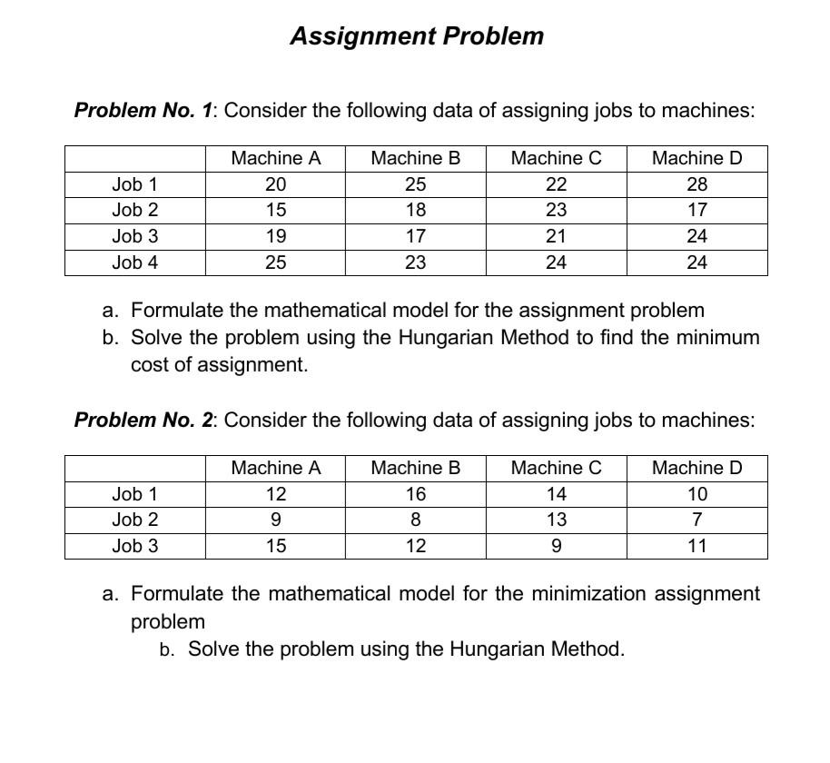 solve the following assignment problem machine