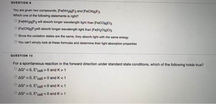 Solved Question 9 You Are Given Two Compounds Fe Nh3 61 Chegg Com