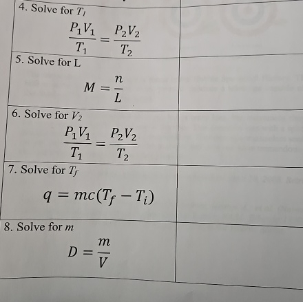 Solved Solve for T1P1V1T1=P2V2T2Solve for LM=nLSolve for | Chegg.com