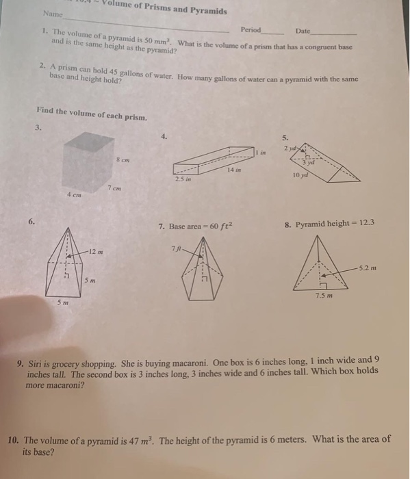 Solved 10. Volume of Prisms and Pyramids Name Period Date