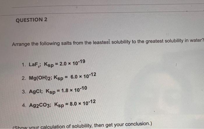 Solved Arrange The Following Salts From The Leastest | Chegg.com