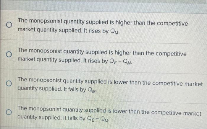 The monopsonist quantity supplied is higher than the competitive market quantity supplied. It rises by \( Q_{M} \).

The mono