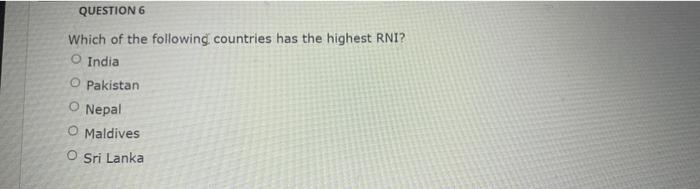 Solved QUESTION 6 Which Of The Following Countries Has The | Chegg.com