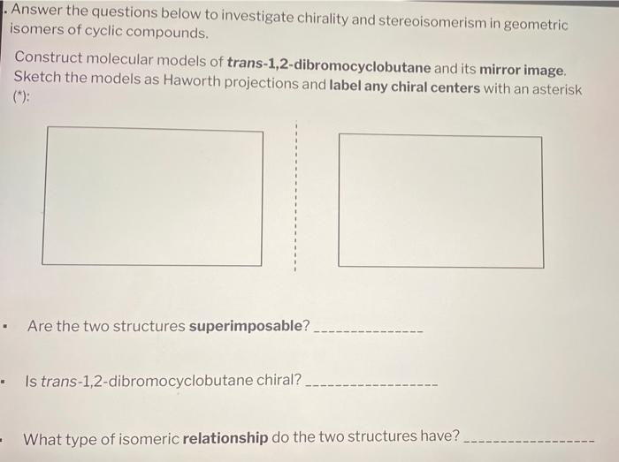 Answer the questions below to investigate chirality and stereoisomerism in geometric isomers of cyclic compounds.

Construct 