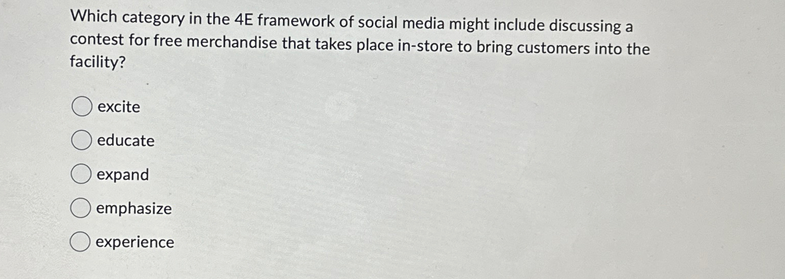 Solved Which category in the 4E framework of social media | Chegg.com