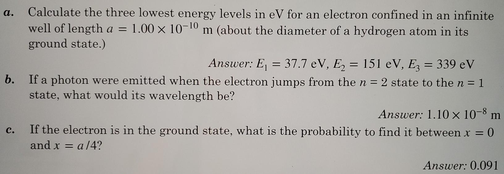 Solved a. Calculate the three lowest energy levels in eV for | Chegg.com