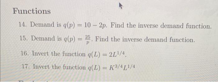 Solved Functions 14. Demand is q(p)=10−2p. Find the inverse | Chegg.com