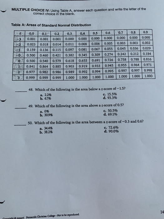 Solved MULTIPLE CHOICE IV: Using Table A, answer each | Chegg.com