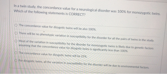 Solved In a twin study, the concordance value for a | Chegg.com