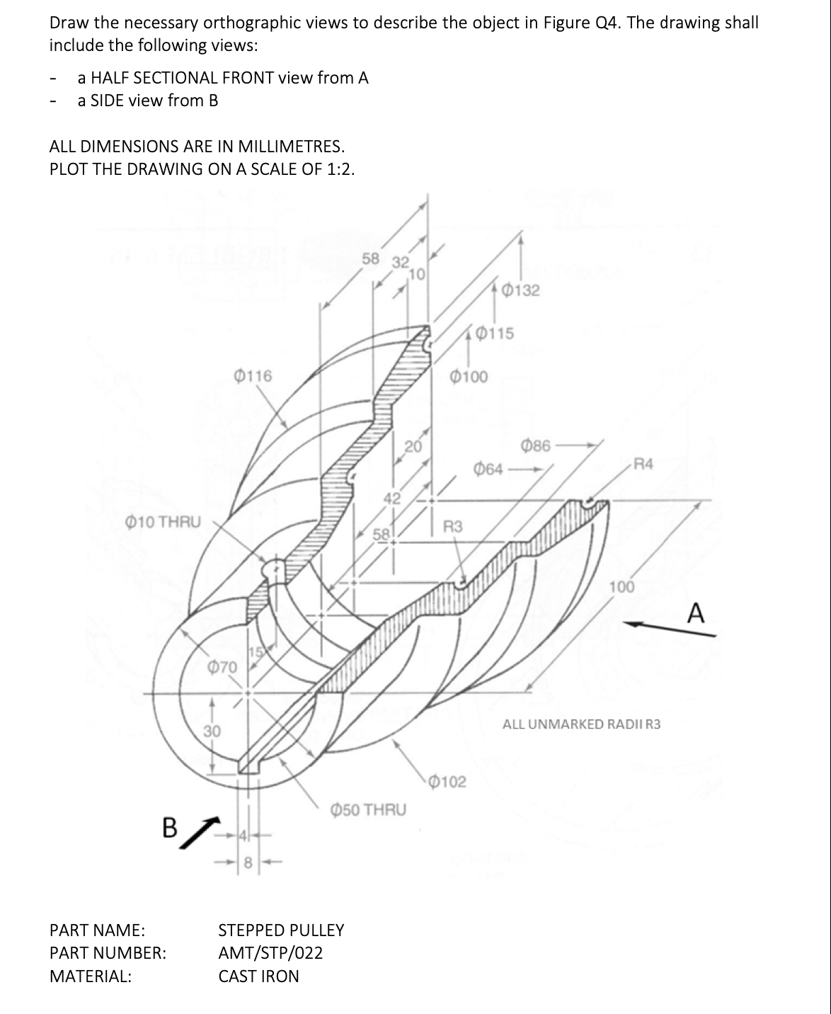 Solved Hello, please draw in third angle projection | Chegg.com