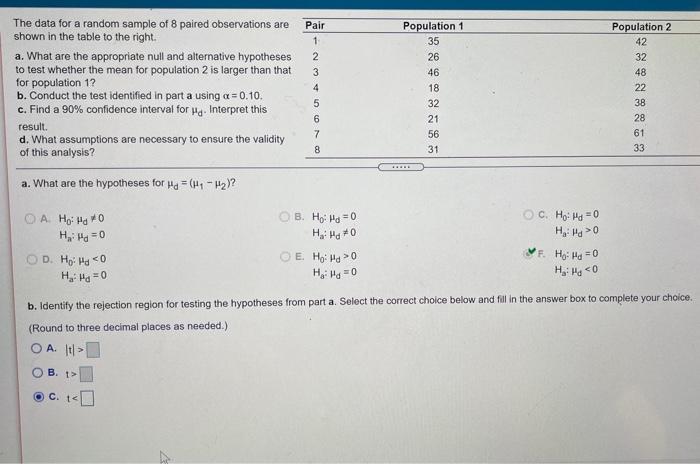 Solved The data for a random sample of 8 paired observations | Chegg.com
