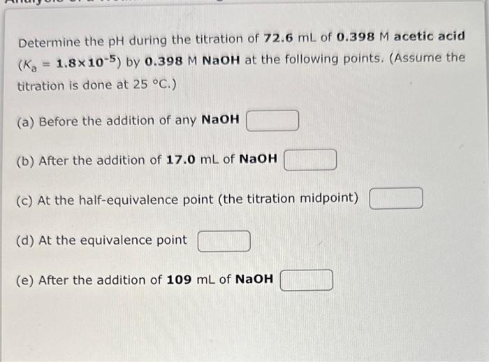 Solved Determine the pH during the titration of 72.6 mL of | Chegg.com