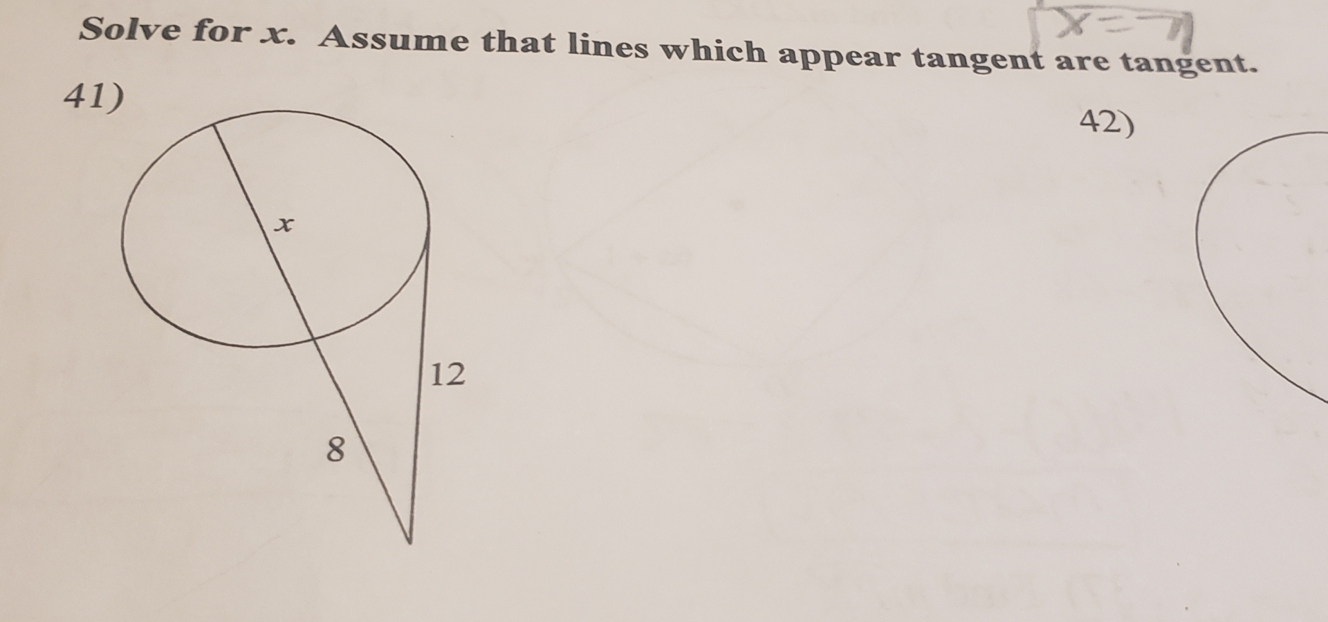 Solved Solve for x. ﻿Assume that lines which appear tangent | Chegg.com