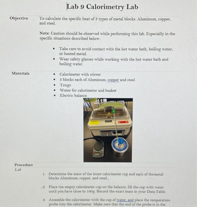 Solved Lab 9 Calorimetry Lab To calculate the specific heat