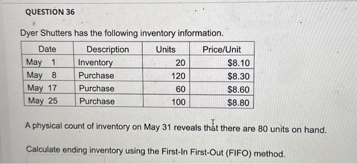 Solved Dyer Shutters has the following inventory | Chegg.com