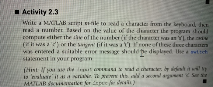 Solved 1 Activity 2.3 Write a MATLAB script m-file to read a | Chegg.com