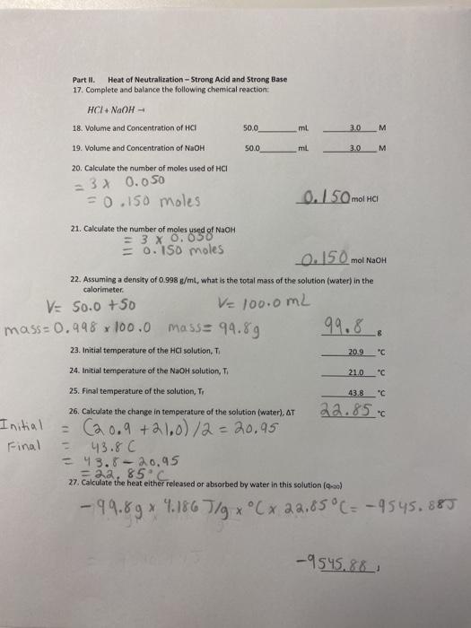 Solved Part II. Heat of Neutralization - Strong Acid and | Chegg.com