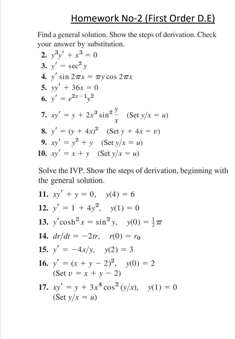 Solved Homework No-2 (First Order D.E) Find a general | Chegg.com