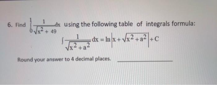 Solved 6. Find 1 Dx Using The Following Table Of Integrals | Chegg.com