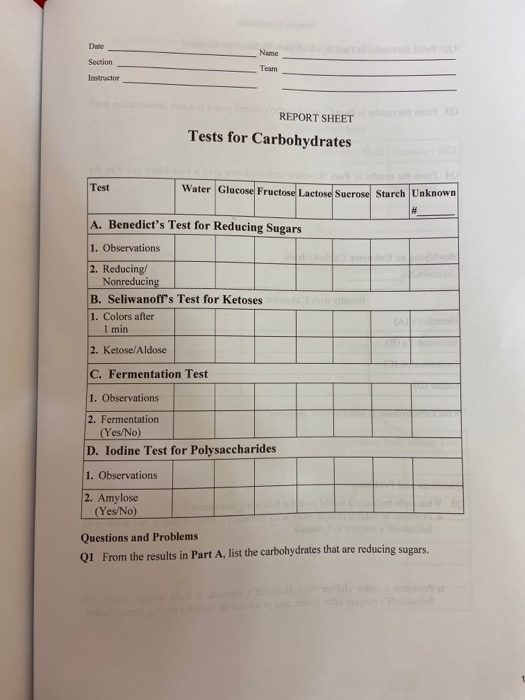 Date Section Instructor REPORT SHEET Tests for | Chegg.com