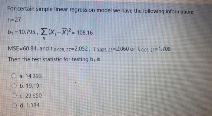 Solved For certain simple linear regression model we have | Chegg.com