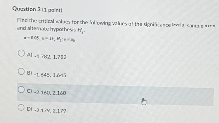 Solved Question 3 (1 point) Find the critical values for the | Chegg.com