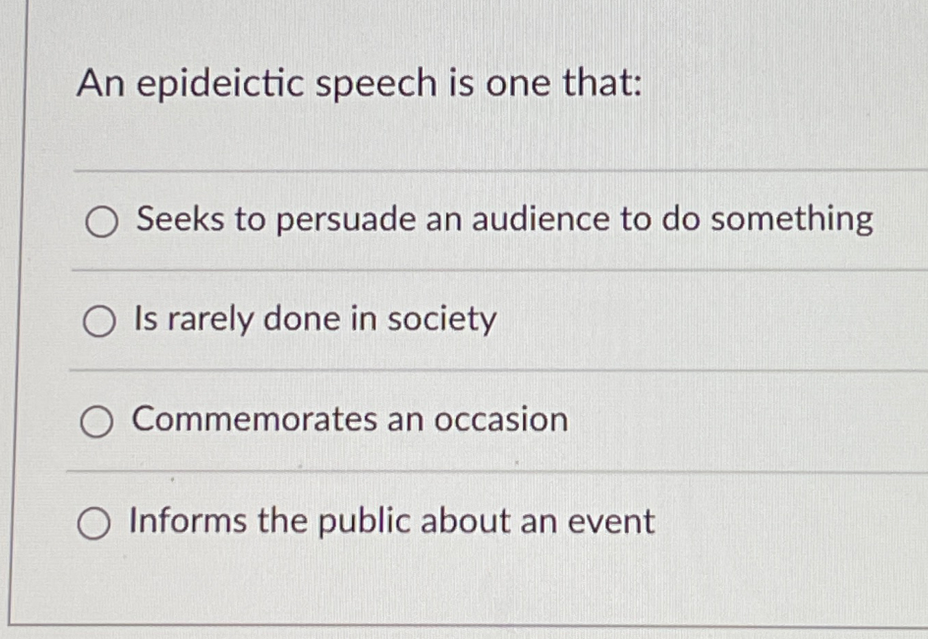 Solved An epideictic speech is one that:q,Seeks to persuade | Chegg.com