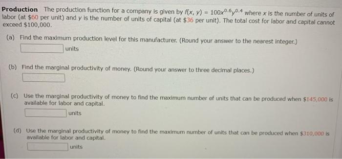 Solved Production The production function for a company is | Chegg.com