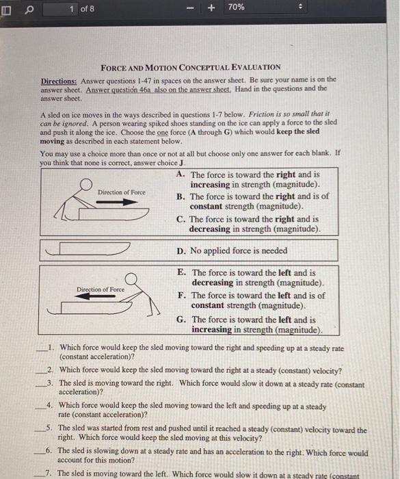 Solved 1 of 8 + 70 FORCE AND MOTION CONCEPTUAL EVALUATION