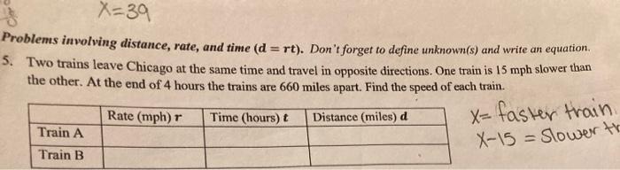 Solved x=39 Problems involving distance, rate, and time (d = | Chegg.com