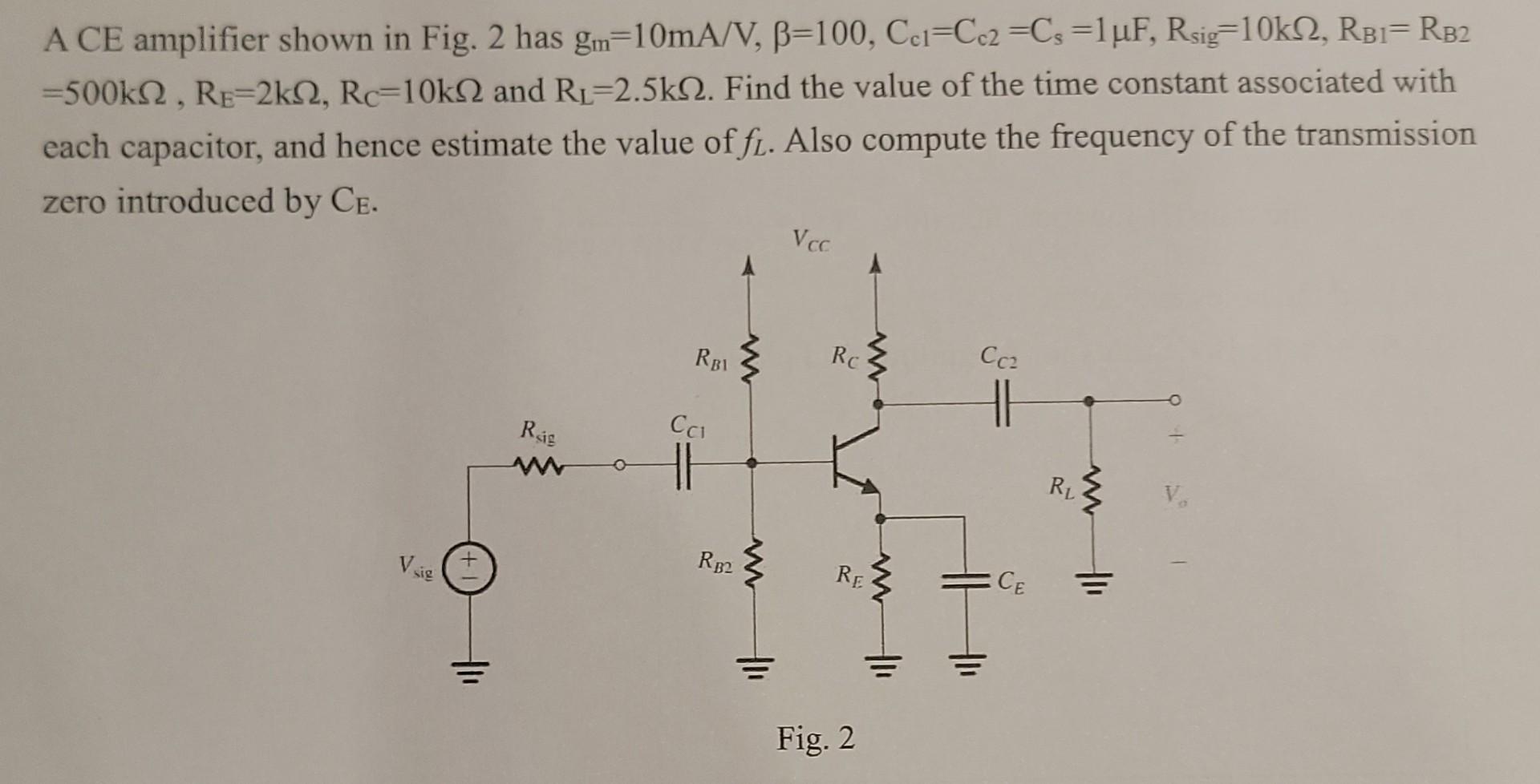 Solved A CE amplifier shown in Fig. 2 has gm10mA/V, B=100,