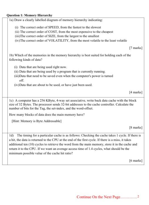 Solved Question 1: Memory Hierarchy la) Draw a clearly | Chegg.com