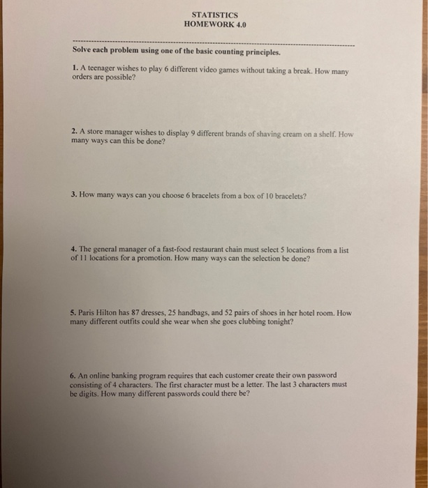 Solved STATISTICS HOMEWORK 4.0 Solve each problem using one | Chegg.com