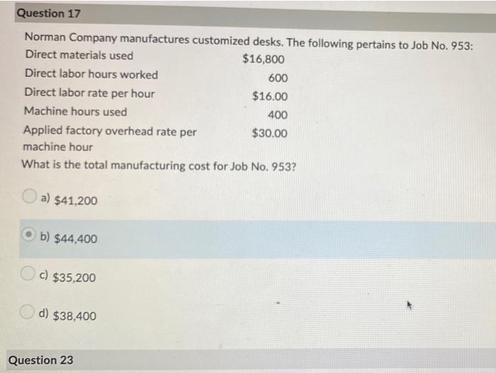 Solved Question 17 Norman Company manufactures customized
