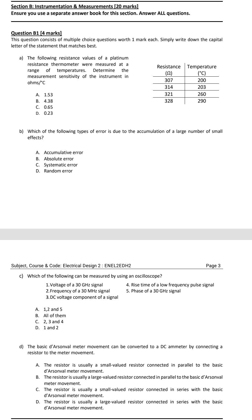 Solved Section B: Instrumentation \\& Measurements [20 | Chegg.com