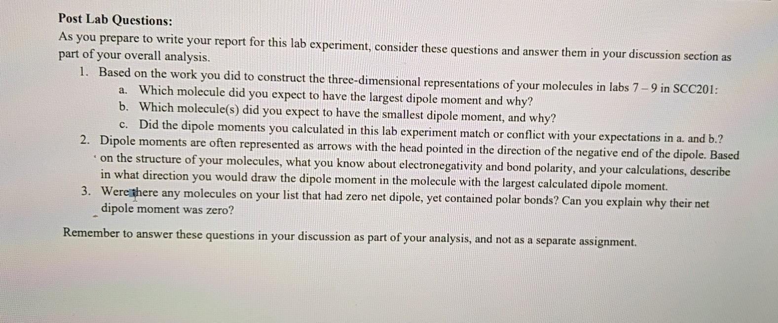 Post Lab Questions: As you prepare to write your | Chegg.com