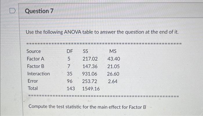 Solved Use the following ANOVA table to answer the question | Chegg.com