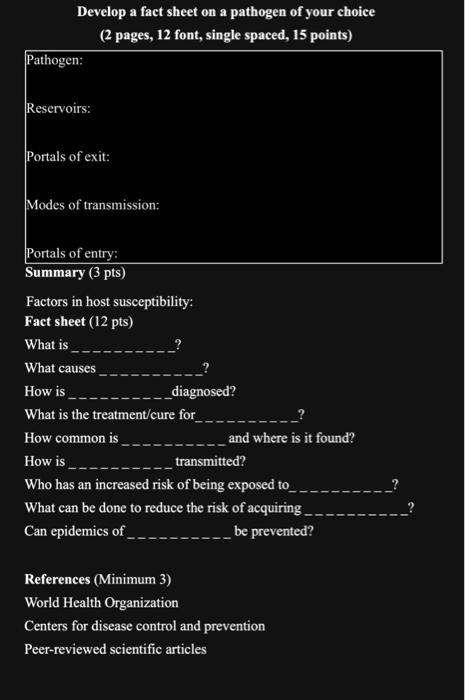 Solved Develop a fact sheet on a pathogen of your choice (2 | Chegg.com