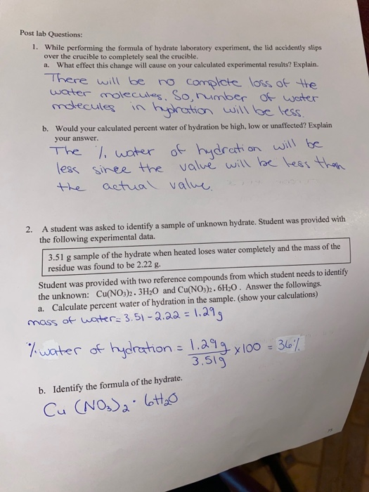 Solved Post lab Questions 1. While performing the formula