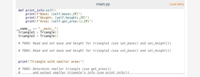 Solved Given class Triangle, complete the program to read | Chegg.com