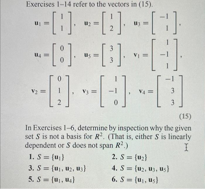 Solved Exercises 1-14 refer to the vectors in (15). | Chegg.com
