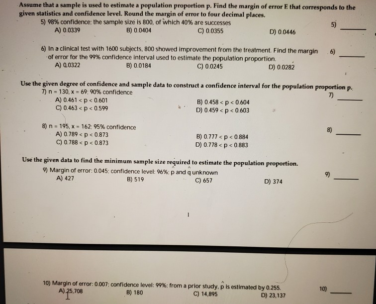 Solved Assume that a sample is used to estimate a population | Chegg.com