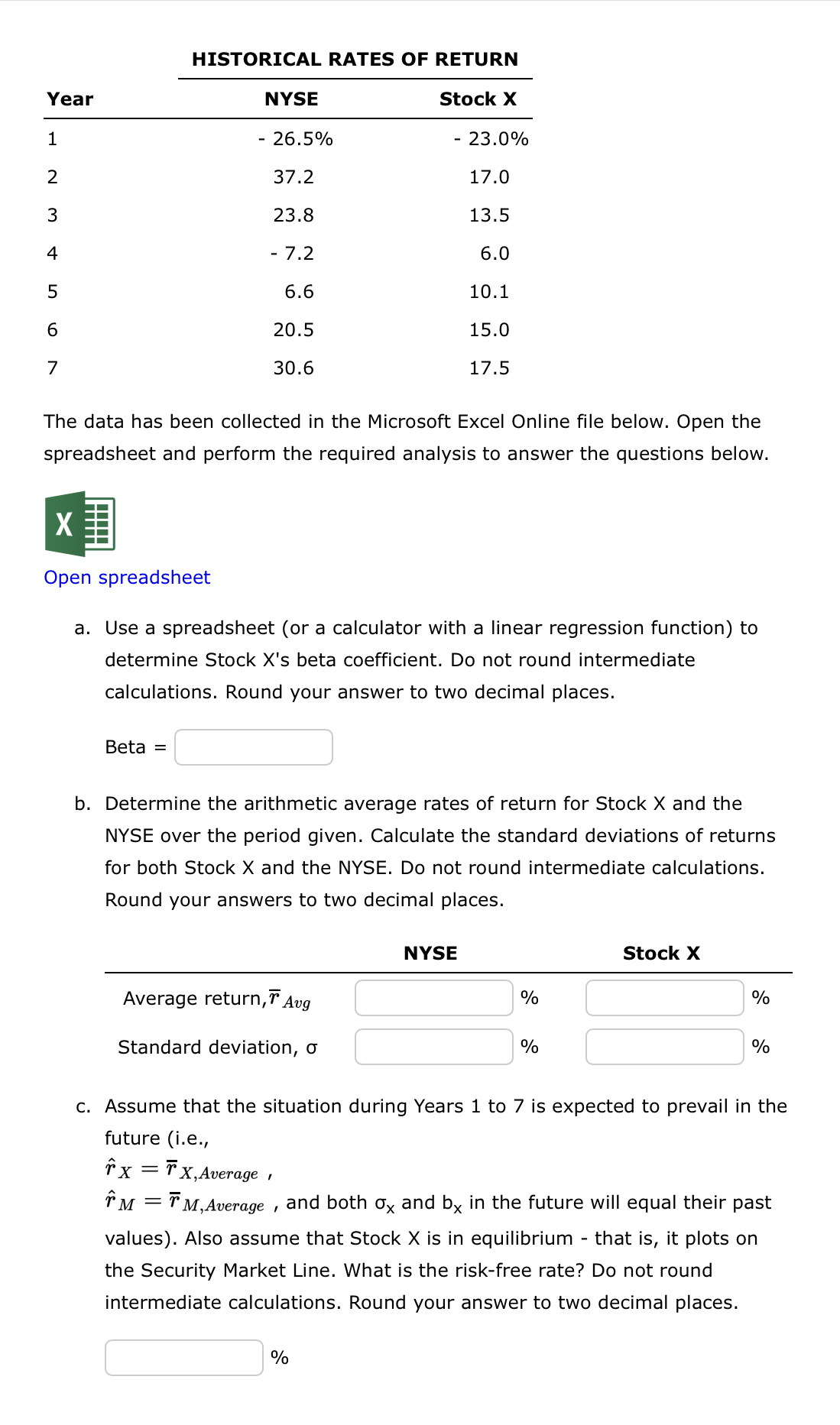 Solved HISTORICAL RATES OF RETURN\table[[Year,NYSE,Stock x