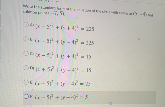 Solved Write the standard form of the equation of the circle | Chegg.com