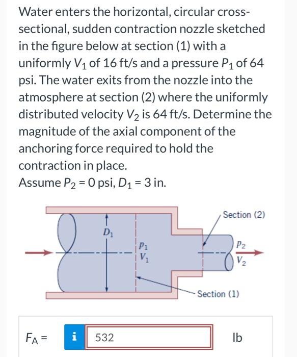 Water enters the horizontal, circular crosssectional, sudden contraction nozzle sketched in the figure below at section (1) w